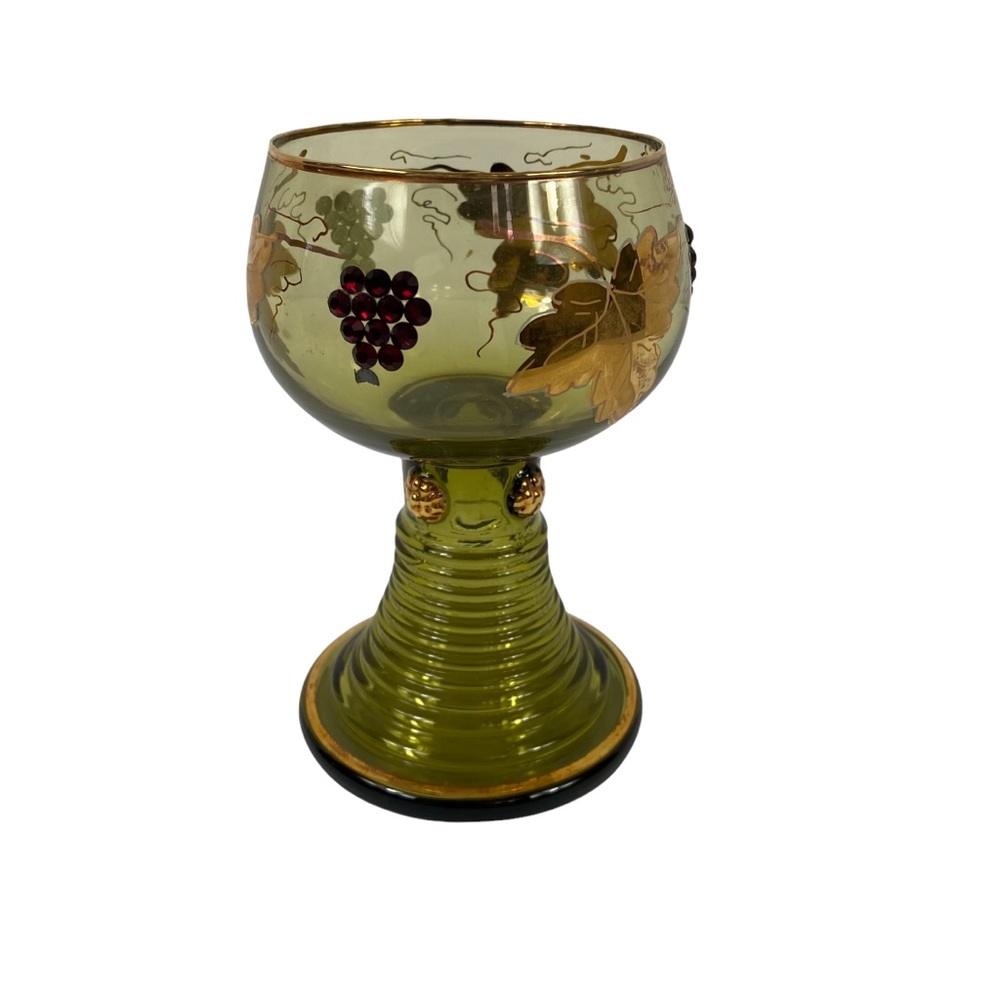 Vintage Germany Gold Olive Green Goblet Etched Encrusted - Picture 2 of 9